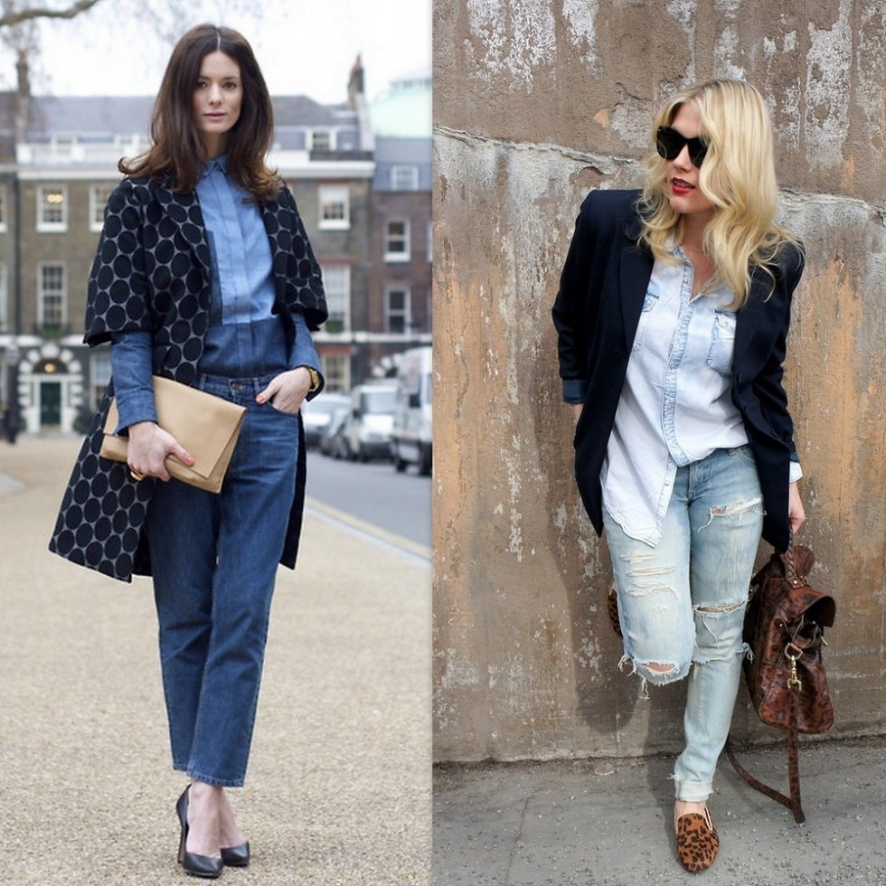 Look til venstre: http://lookbook.nu/look/3177947-Celine-Shirt-Marni-Coat-Cos-Jeans-Clutch-Circles Look til højre: http://lookbook.nu/look/4772819-H&M-Denim-Shirt-Vintage-Blazer-Diy-Jeans-Lindex - 6 tendenser fra gadebilledet, som stadig holder i den nye sæson