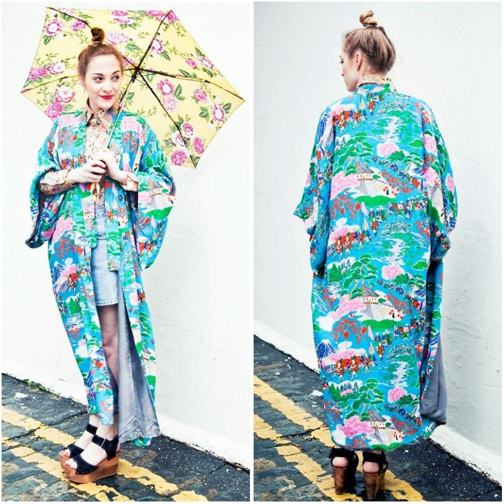 Foto: http://lookbook.nu/look/5001476-Mint-Vintage-Kimono-Levis-Levi-Shorts-Shirt - Tendens 2014: Kimonoen