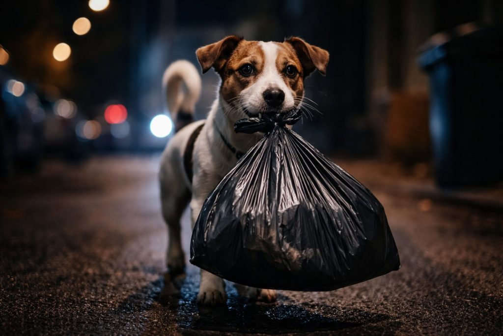 Kamera afslører hund med skraldepose – sandheden bag fik politiet til at reagere