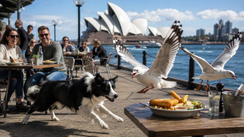 Specialtrænede hunde holder frække måger væk fra restauranterne